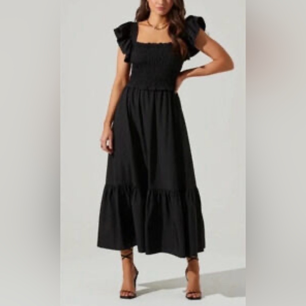 Jason Wu Long Cap Eyelet Sleeve Cut Out Back Smocked Black Dress Size:Medium
